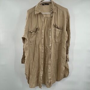 Zara‎ Womenswear Longline Linen Blend Button Down Shirt Dress Beige Small